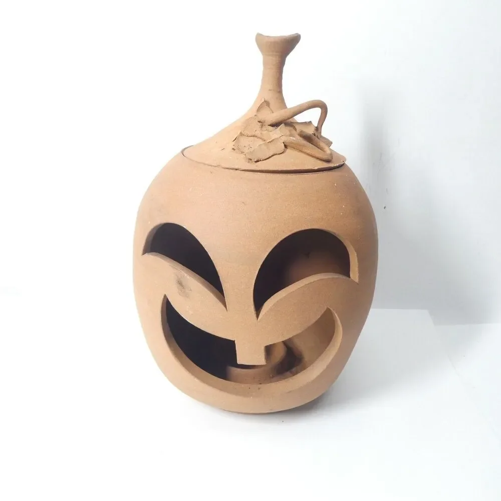 Terra Cotta Pumpkin Jack O Lantern Candle Holder Signed Clay Pottery Handmade